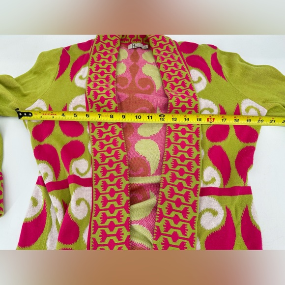 Neve Bright Pink Green Geometric Cotton Open Cardigan Sweater L Boho Mod - Picture 5 of 6